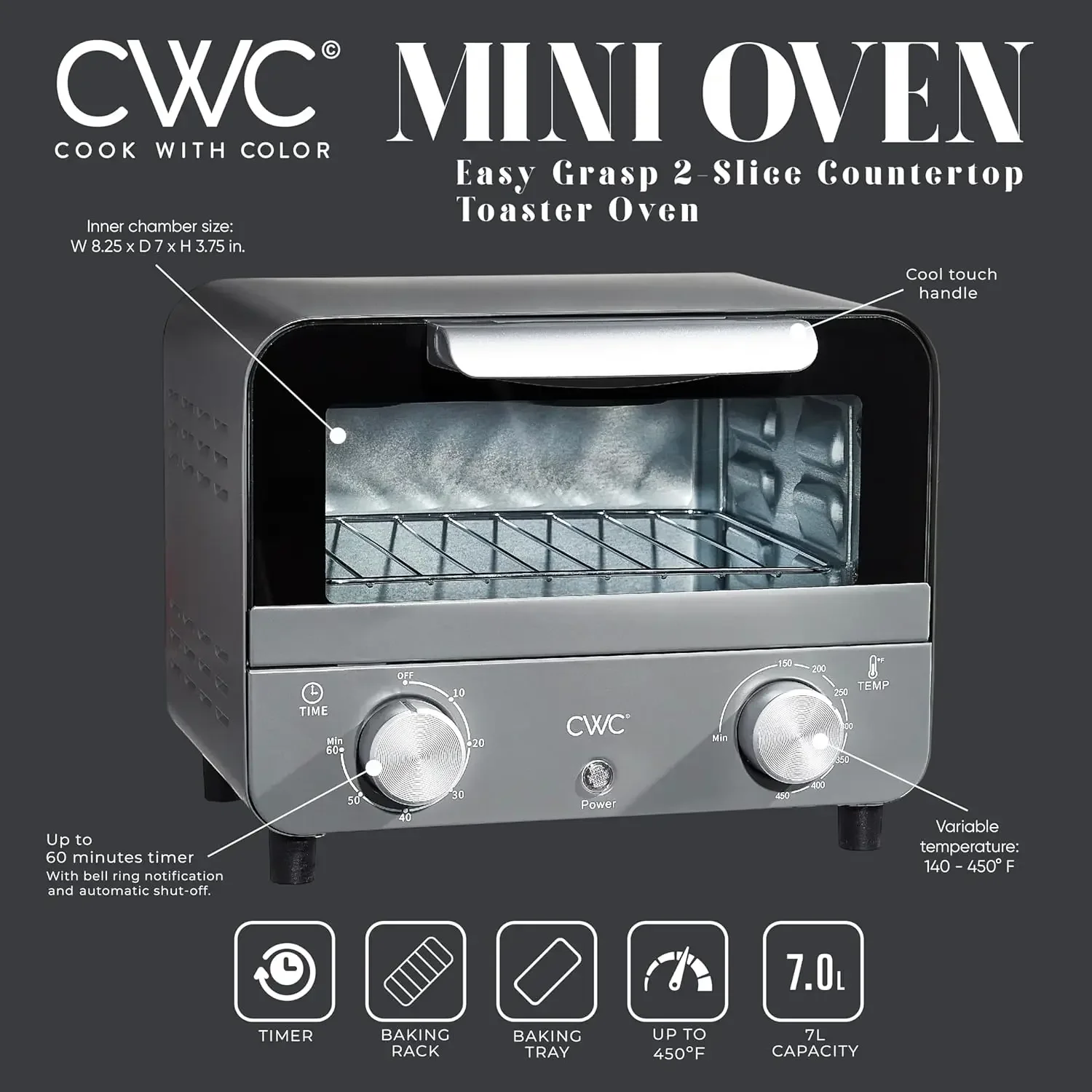 Mini Toaster Oven: 600W Power, Precision Timer, Auto Shutoff, and Culinary Delights Up To 450 Degrees, Grey USA 3