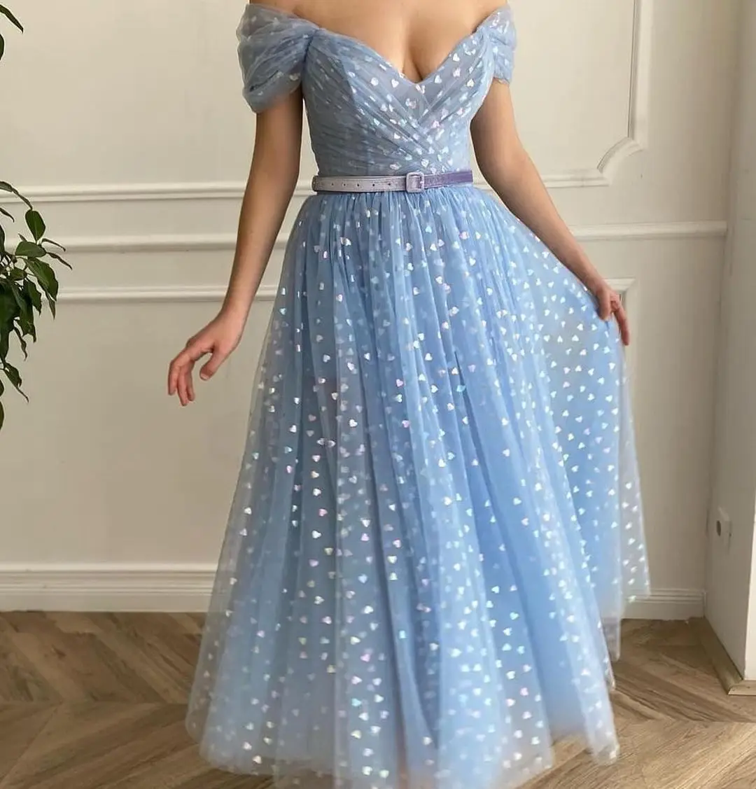 

Sparkly Blue Tulle With Stars Prom Dresses Spaghetti Straps Sweetheart Draped Ankle Length Women Formal Evening Party Gowns