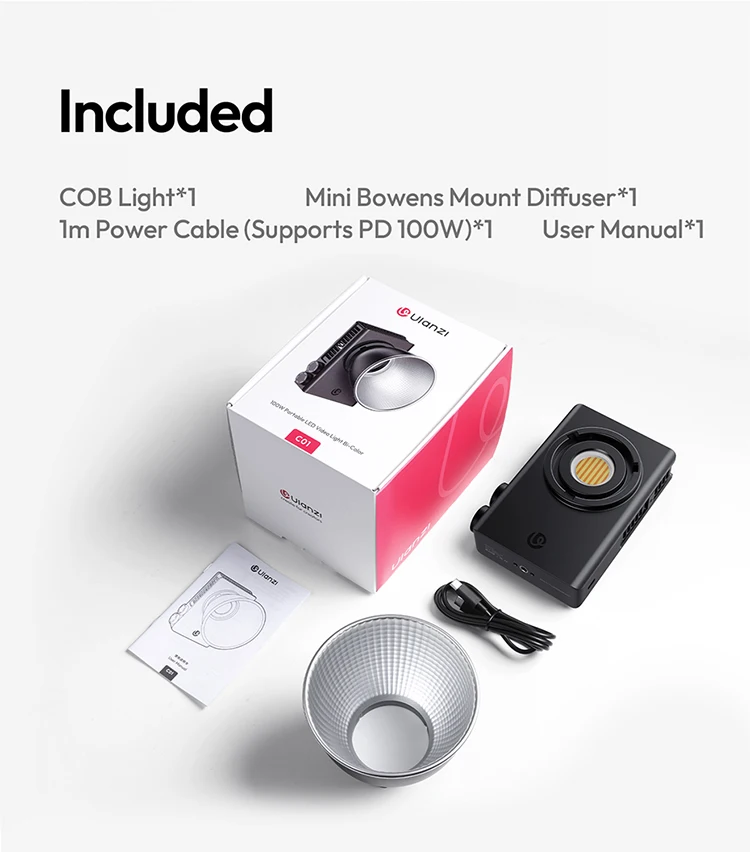 Ulanzi C01 100WハンドヘルドLEDビデオCOBライト二色2700K-6500Kファン
