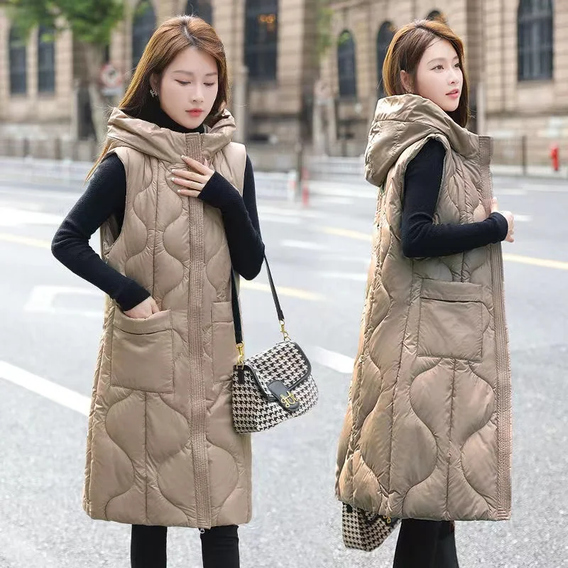 

Casual Warm Sleeveless Vest Coat Long Down Cotton Jacket Solid Hooded Padded Parkas Vests Loose Female Korea Winter Waistcoat