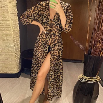 Womens Long Bikinis Cover-ups Beach Dress Summer Sexy Robe Beachwear Leopard-printing Tunic Top Swimwear Cover-Ups Dress 1