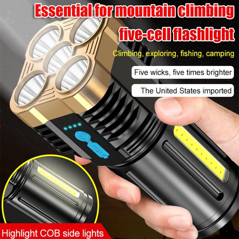 led flashlights 2PCS 5-core Super Bright Flashlight Rechargeable Outdoor Multi-function P1000 Led Long-range Spotlight Battery Display COB Light good flashlights