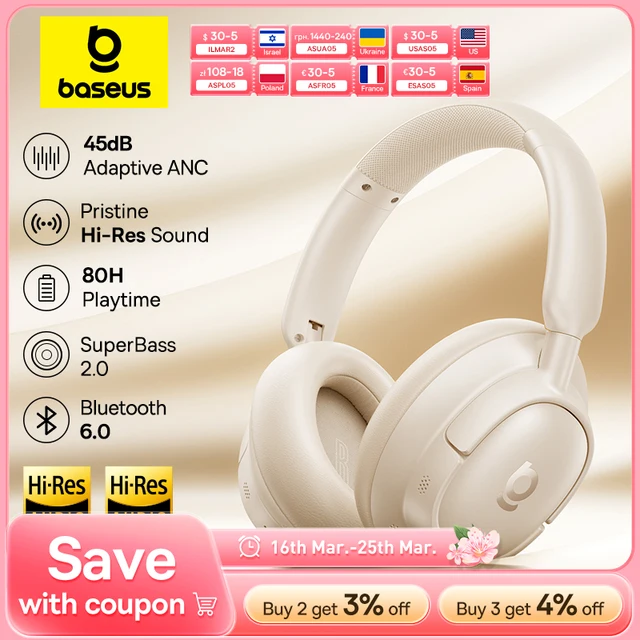 Baseus Bass EH10 NC Wireless Headphones Bluetooth 6.0 Noise Canceling 45dB Over Ear HeadsetSpatial Audio Earphone 80H Time