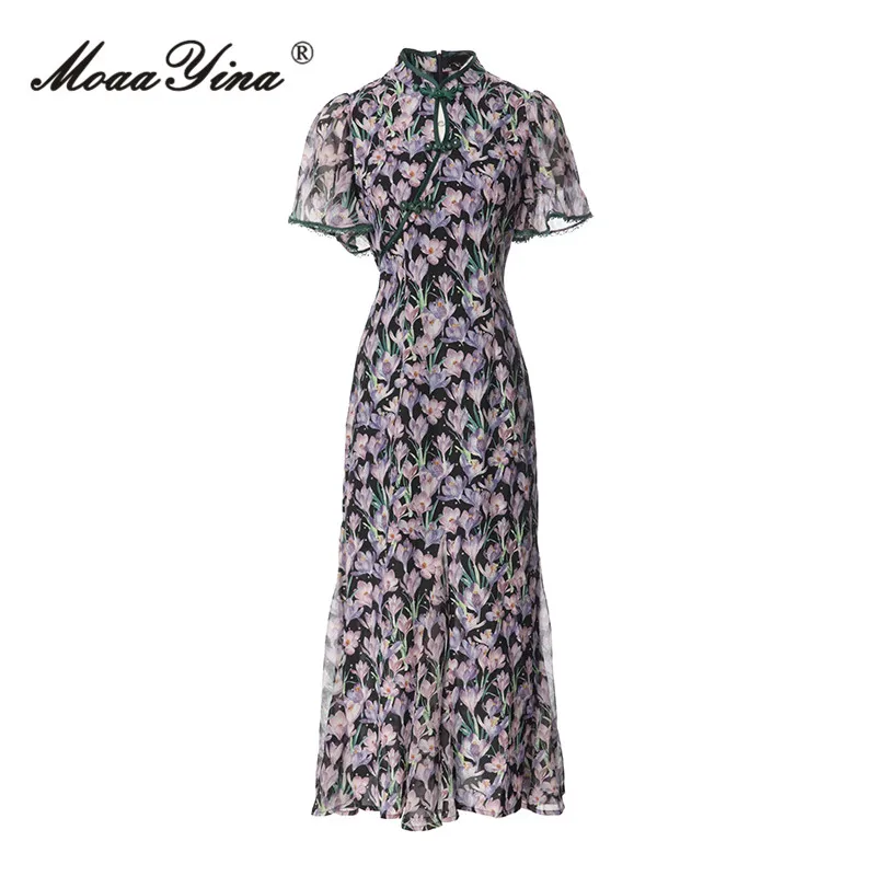 

MoaaYina Summer Fashion Runway Elegant Floral Print Dress Women Stand Neck Beading Button High Waist Package Buttocks Long Dress