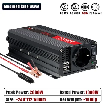 อินเวอร์เตอร์แปลงไฟ 300W-2000W จากไฟ DC 12V เป็นไฟ AC 220V-240V สำหรับรถยนต์ พร้อมเต้ารับแบบ EU ช่องเสียบ USB คู่ สำหรับชาร์จโทรศัพท์ ใช้ได้กับรถบ้านและกิจกรรมกลางแจ้ง ความถี่ 50Hz 8
