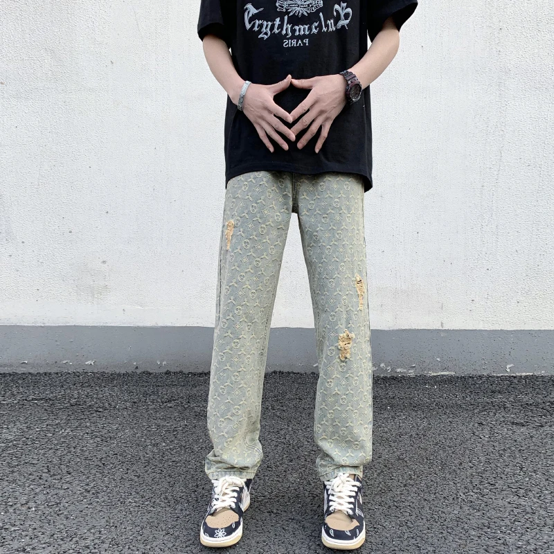 

2023 Spring/Summer American High Street Fashion Brand Jacquard Jeans Men's Straight Tube Loose Hole Light Blue Retro Wash Pants