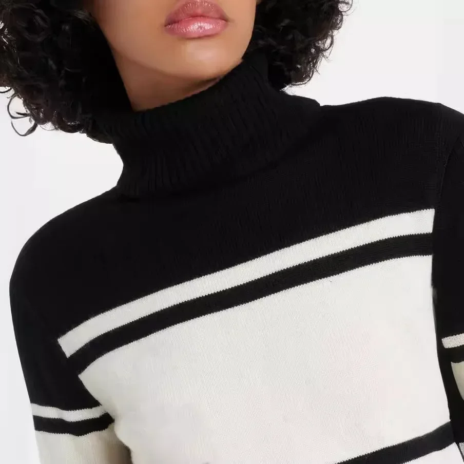 Autumn/Winter New Knitted Sweater Jacquard Letter Stripe Turtleneck Top Slim Versatile Soft Warm Couple Model Women's Sweater 4