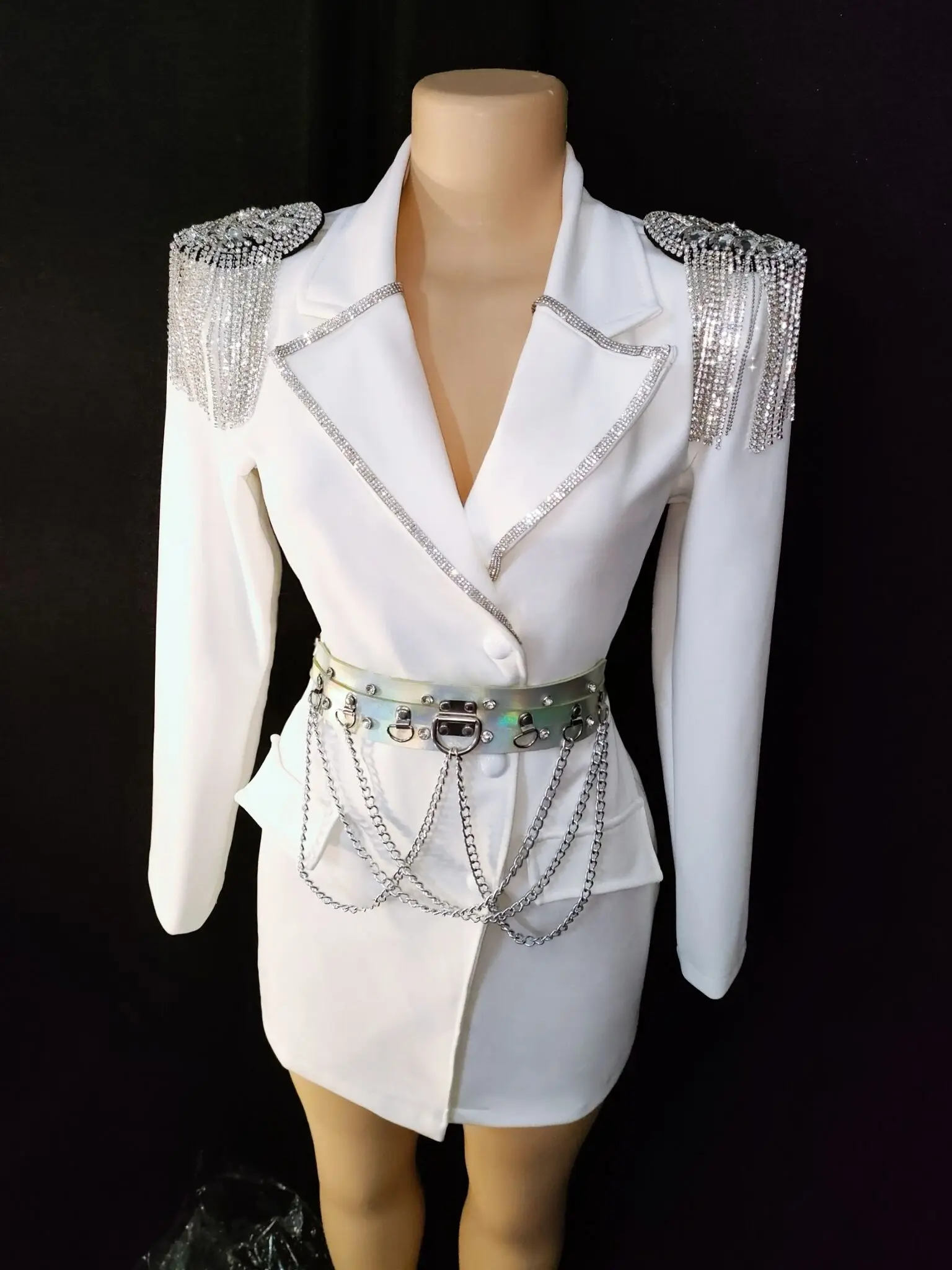 

White Costume Women Birthday Performance Bar Coat Rhinestone Fringe Epaulet Jacket Chains Belt Outfit Jazz Dance
