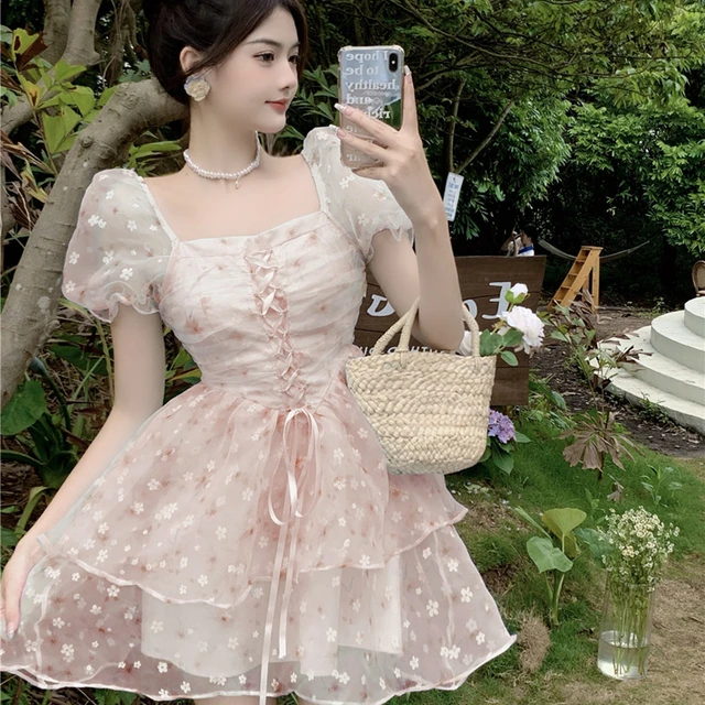 Summer Fairy One-piece Floral Dresses Korean Mesh Rope A-line High