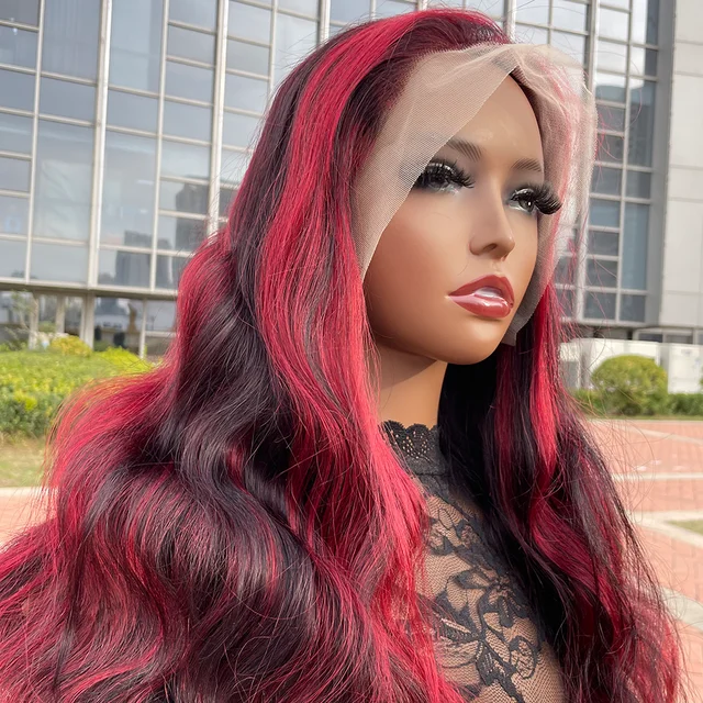 Perruque femme Lace Frontal Wig Body Wave colorée bordeaux – Image 4