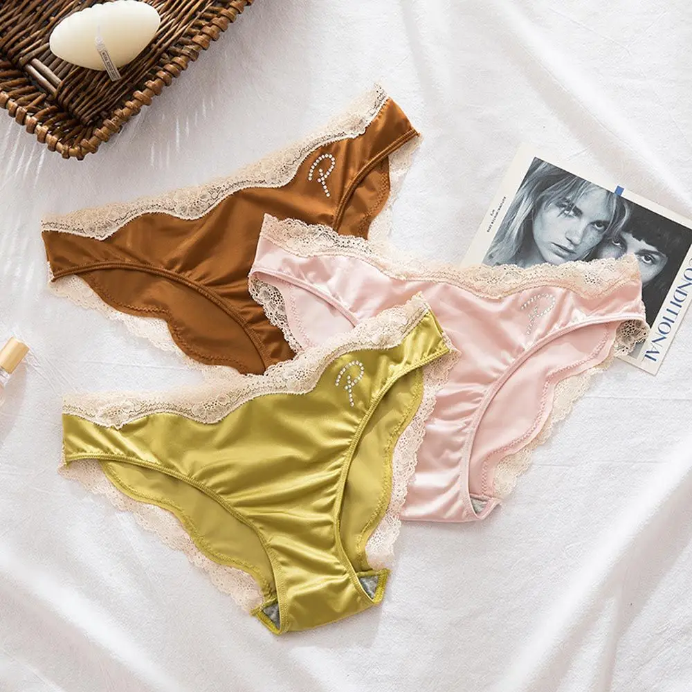 

Breathable For Girls Rhinestone Low Waist Cotton Crotch Korean Underwear Women Satin Panties Lace Briefs Letter