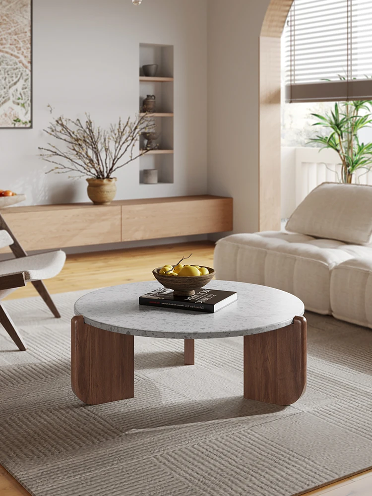 

light luxury, round Terrazzo tea table, living room, small household, solid wood, modern and simpl
