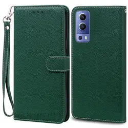Elegant Leather Wallet Flip Phone Case - Premium Protection and Style for Vivo Y72 5G (Dark Green - Strap)