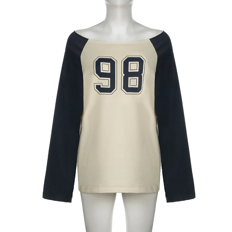 Harajuku Contrast Digital Print Tee Shirt Women Streetwear Autumn Long Sleeve O-neck Y2K Top Grunge Stylish Pullovers