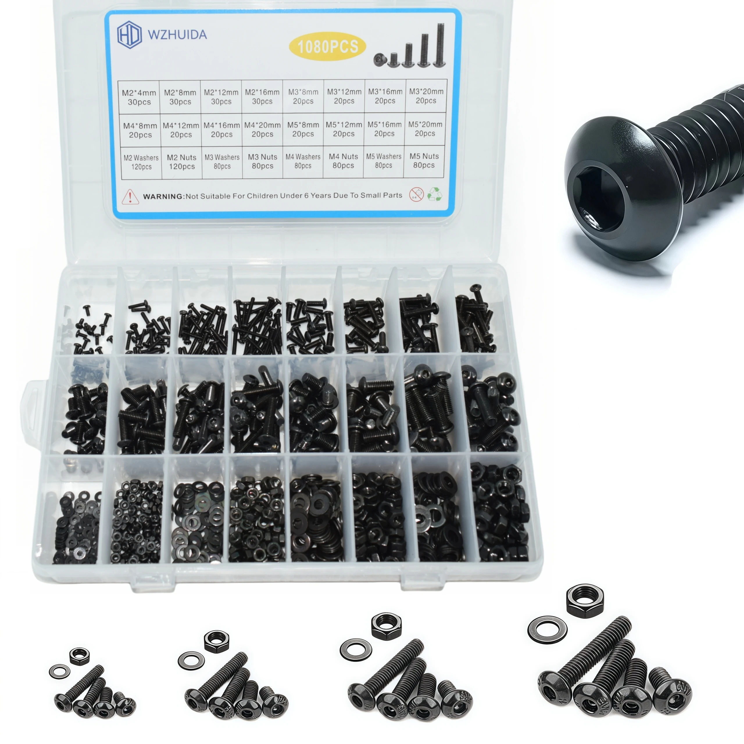 WZHUIDA M2 M3 M4 M5 Metric Bolts and Nuts Assortment Kit Button Head Hex Socket Cap Screws Bolts and Hex Nuts with Wrench