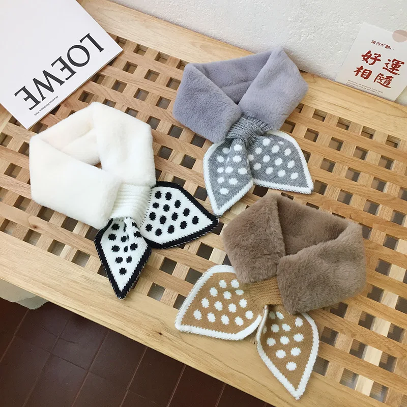 Autumn Winter Children's Dot Bear Scarf Baby Cold Proof Collar Plush Warmth Cute Solid Hair Knitted Fish Tail Cross Bib P07