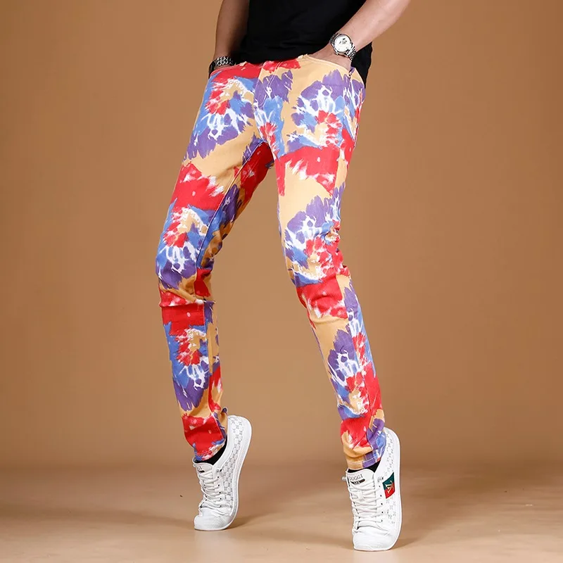 Summer Jeans Men Fashion Colourful Print Pants Streetwear Casual Straight Slim Fit Denim Trousers CP1628