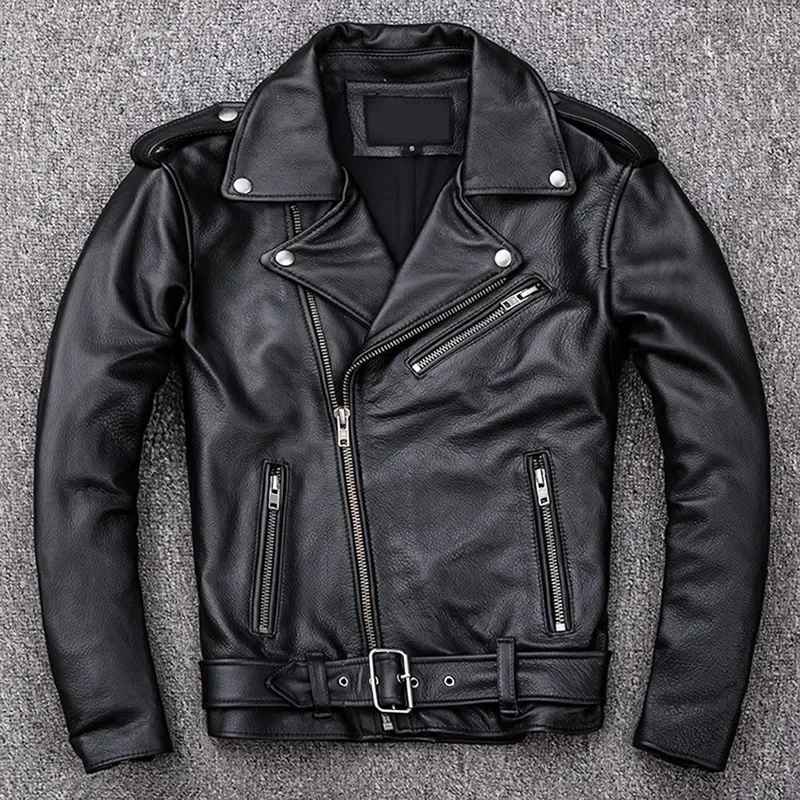 

Motorcycle Classical Oblique Zipper Men Leather Jacket Natural Calf Skin Thick Slim Cowhide Moto Biker 2024 Spring New