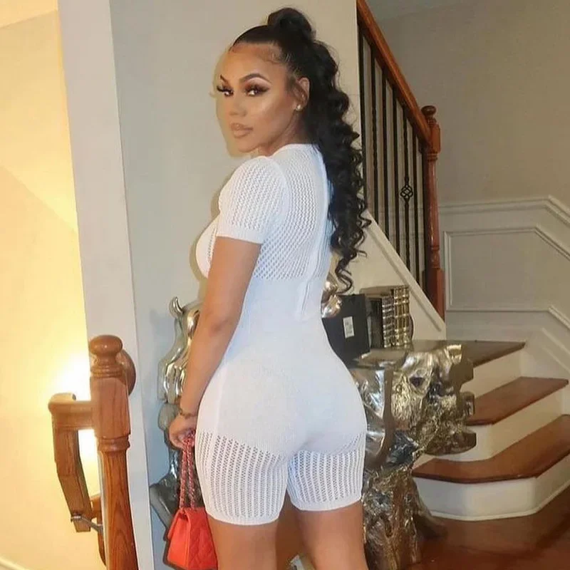 Knitted Hollow Out Summer Playsuits Women O Neck Short Sleeve Skinny Shorts Jumpsuits Fashion Casual Beach Romper Streetwear