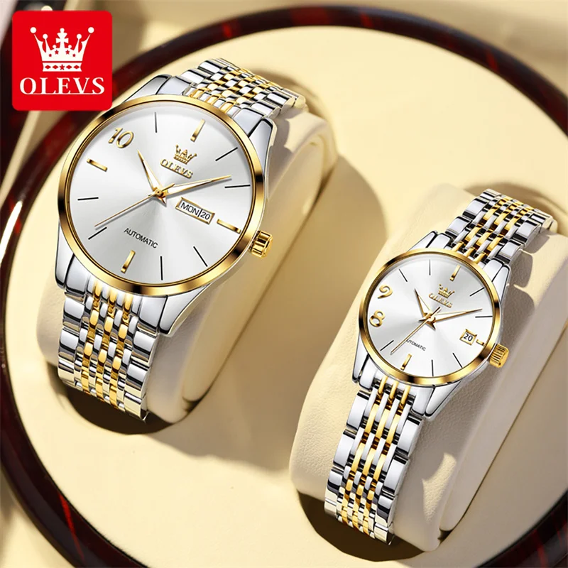 OLEVS Couple Watches for Men and Women Automatic Mechanical Wristwatch Fashion Business Men Watch for Women Watches Luxury Clock new relogio tourbillon skeleton watch for men automatic mens watches w diamond mechanical wristwatch women fashion female clock