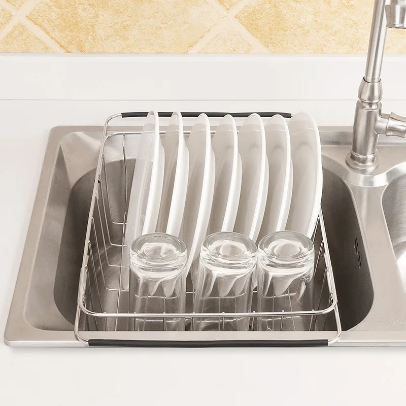 Adjustable Stainless Steel Sink Dish Plate Drain Rack Expandable Drying Basket Fruit Bowl Drainer Holder Kitchen Storage