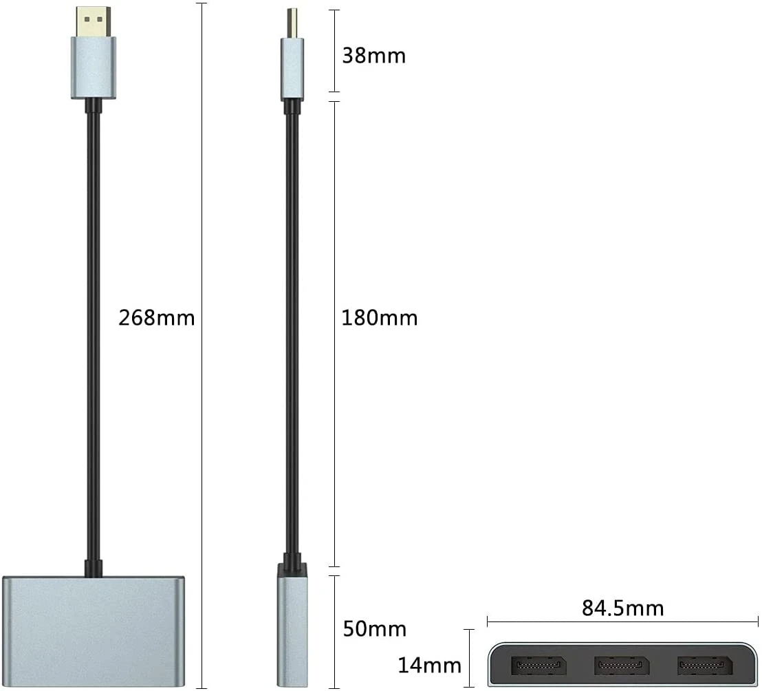 Aluminiumgehäuse 1 in 3 out Displayport Splitter 8K@60Hz 4K@120Hz DP 1.4 MST Hub Extended und Mirror Mode Adapter_voghion.com