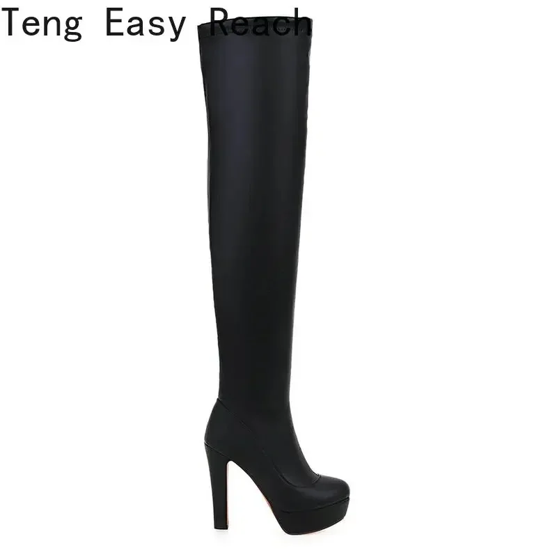 White Platform Women Boots Stertch Pu Leather Over The Knee Boots Fashion Square High Heel Long Boots Autumn Winter Zip Shoes - Image 5