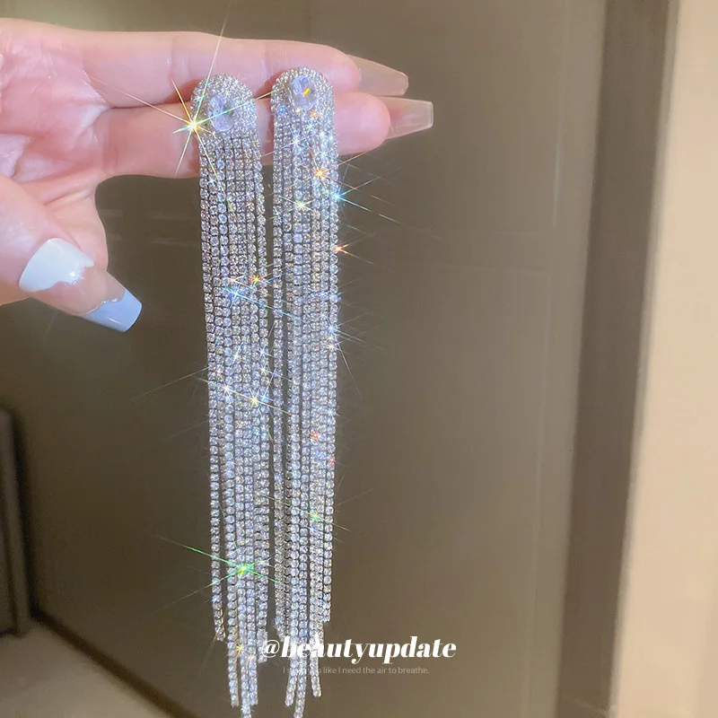 Geometric Long Tassel Crystal Clip on Earrings For Women Silver Gold Color Rhinestone Earring Party Wedding Women's Accessories
