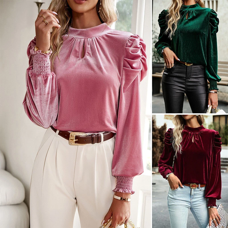 

Women's Gold Velvet Bottoming Shirt Keep Warm T-shirt Crew Neck Pullover Casual Loose Long Sleeve Shirt Autumn Winter Top DY016