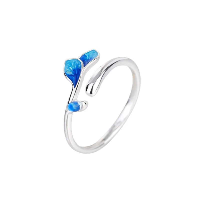 Silver Rings Female Resizable Opening Leaves Branches Enamel