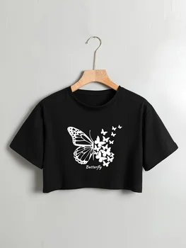 Short Sleeve Butterfly Print Crew Neck Crop Top - Soft  Blend Micro Elasticity Semi-Sheer Sexy Style - Perfect for Spring 1
