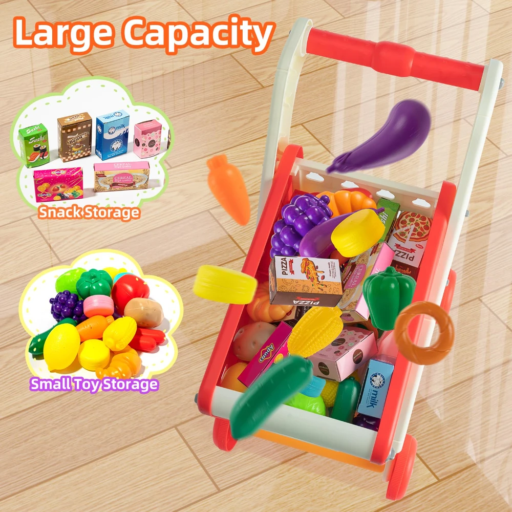 WizKidz Kids Shopping Cart Toy Grocery Trolley With Pretend Play Food Set Supermarket Playset Accessories For Toddlers Aged 3+ 5