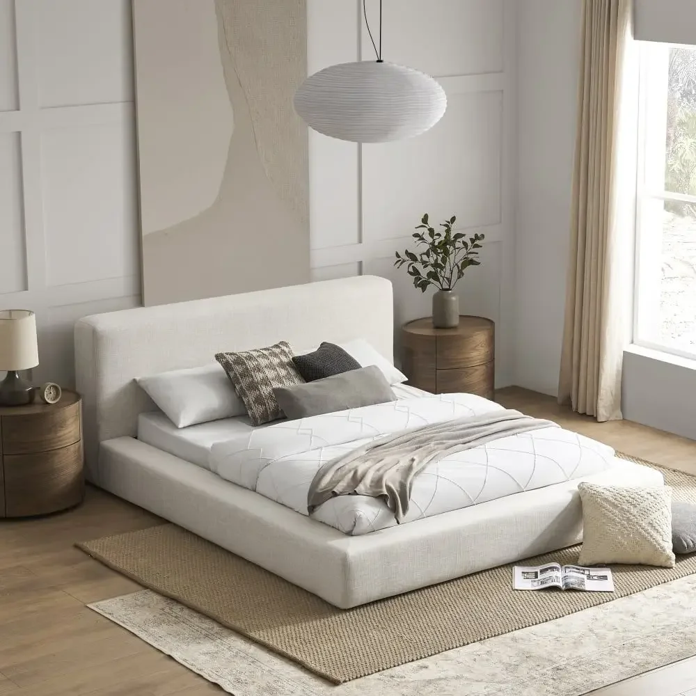 Minimalist Linen Fabric Bed Solid Wood Frame King Size Beds