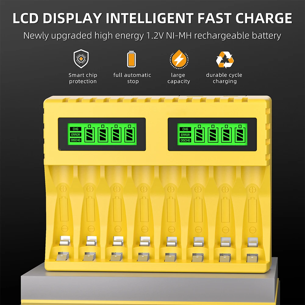 Universal Smart Battery Charger with LCD Display and USB Type-C Connection for AA and AAA Ni-MH Batteries, 8-Slot Capacity