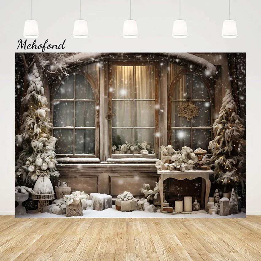 

Фон для фотосъемки новогодней вечеринки, деревянное окно, Рождественские елки