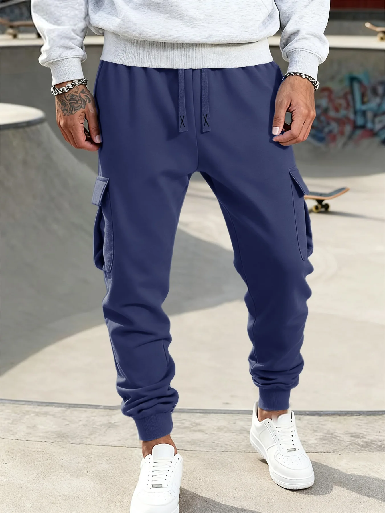 Mens Casual Pants Spring Autumn Sweatpants Drawstring Solid Color Workout Long Pants Fashion Gym Trousers with Pockets - 3