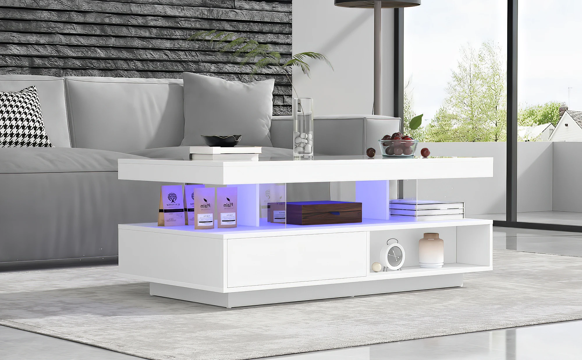 Weißer Hochglanz-Couchtisch 95 x 50 x 42,5 cm – mit 4 Glasböden, 2 Schubladen und 2 offenen Fächern, Wohnzimmerschrank – Detail 22