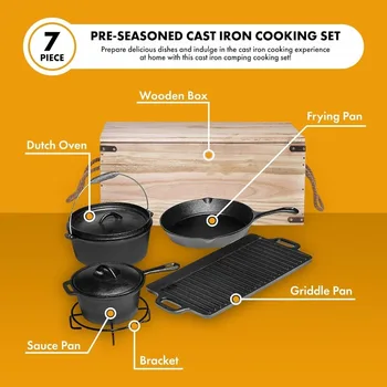 Bruntmor Camping Cooking Set Of 7. Pre Seasoned Cast Iron Pots And Pans Dutch Oven With Lids For Outdoor Comefire.Grill Cookware 3