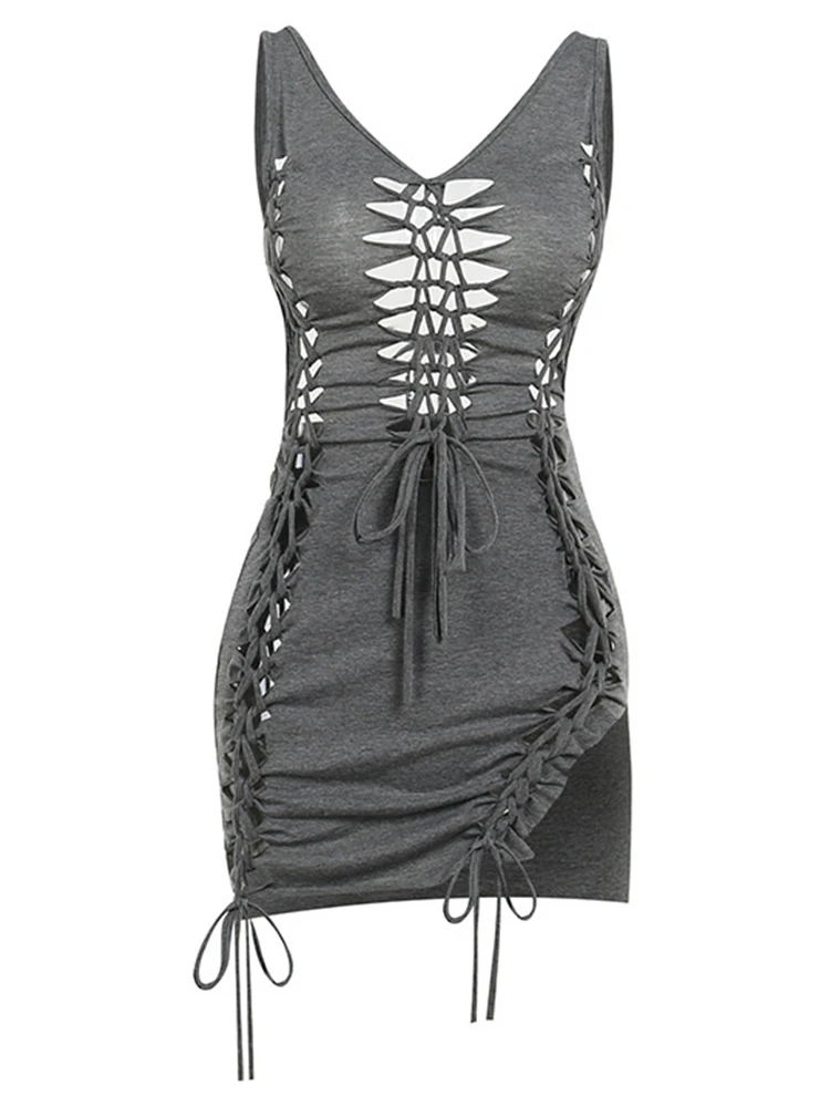 New Sexy Senza Maniche Scava Fuori Lace Up Con Scollo A V Gyaru Corsetto Dress Donna Estate Bareback Backless Wrap Hip Vita Alta Slim Frocks