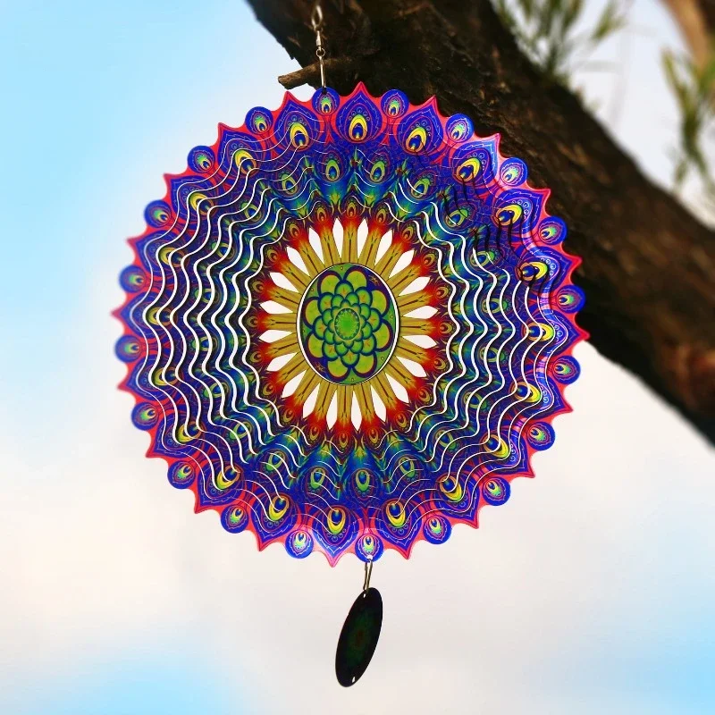 Outdoor Bird Repellent Wind Chime Mandala Garden Yard Balcony Stainless Steel Hanging Decor for Home 3D Rotating Wind Spinner 5