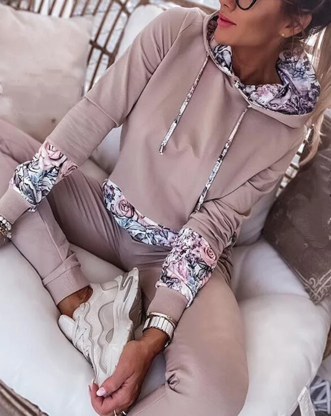 Two Piece Set Women Outfit 2023 Pring Fashion Floral Print Long Sleeve Hoodie & Casual Daily Cuffed Sweatpants Set Streetwear