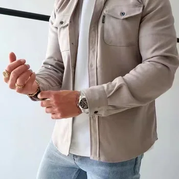 Men Shirts Turn Down Collar Single Breasted Blouses Cardigan Pockets Button Slim Fit Brushing Outerwear Solid Color Casual
