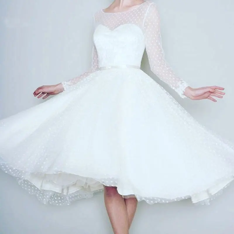 

Sweet O-neck Long Sleeve Illusion Wedding Dress Simple Elegant Dotted Vestido De Novia Plus Size Custom Short Vestido Novia