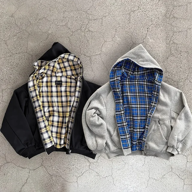 Casual Reversible Hoodies for Men Street Clothes Oversized Zip Up Hoodie Simple with Plaid Lining Solid Color Retro Sweatshirt 1