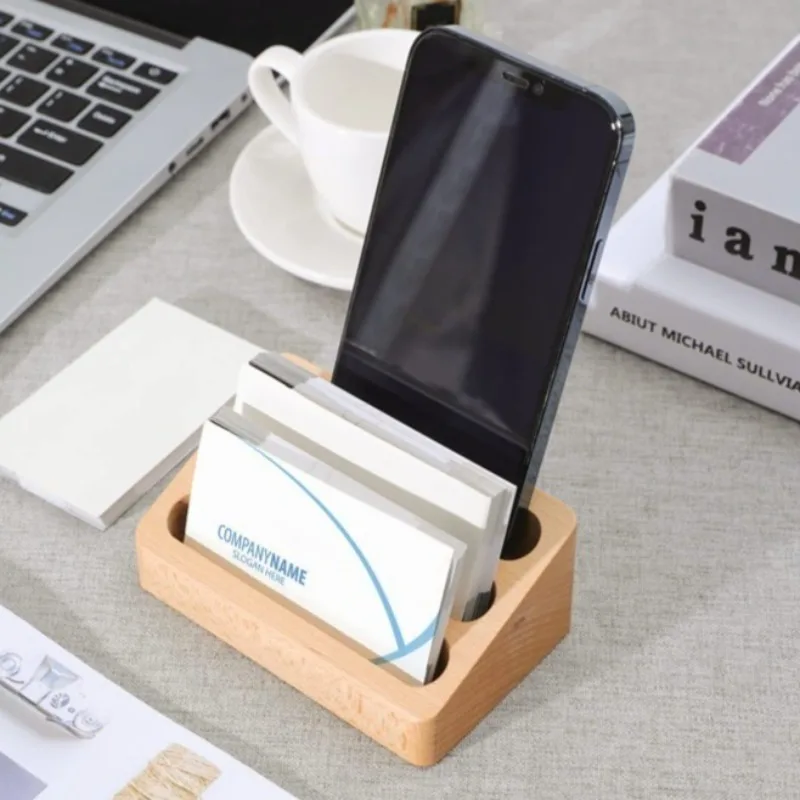 1개 테이블탑 카드 정리함 솔리드 우드 데스크 정리함 3칸 비치우드 명함 홀더 및 명함 디스플레이 스탠드
