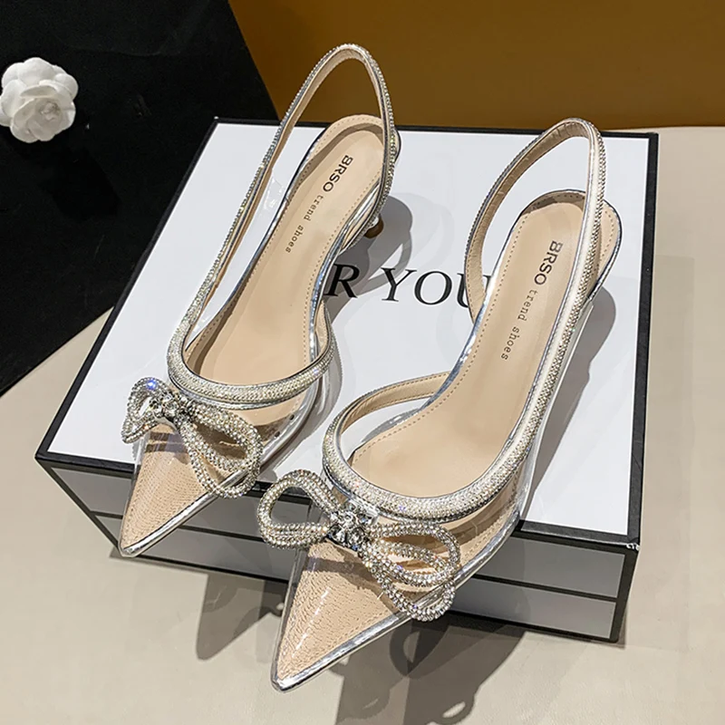 

2022 New Summer Sexy Pointed Toes Sandals Transparent Crystal Women Dress Shoes Elegant Silver Green Fashion Heels Slipper Party