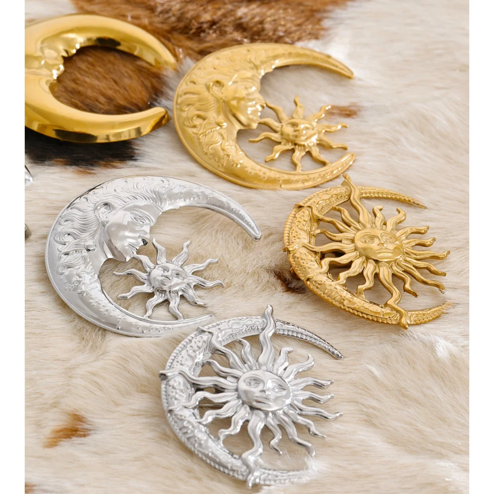 Yhpup Waterproof Metal Sun Moon Brooch