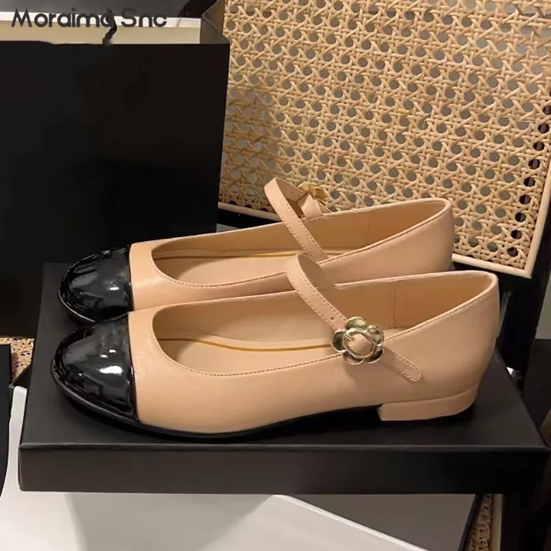 Flower Buckle Strap Mary Jane Leather Shoes Thick Heel Low Heel Round Toe Color Matching Buckle Strap Comfortable Women's Shoes