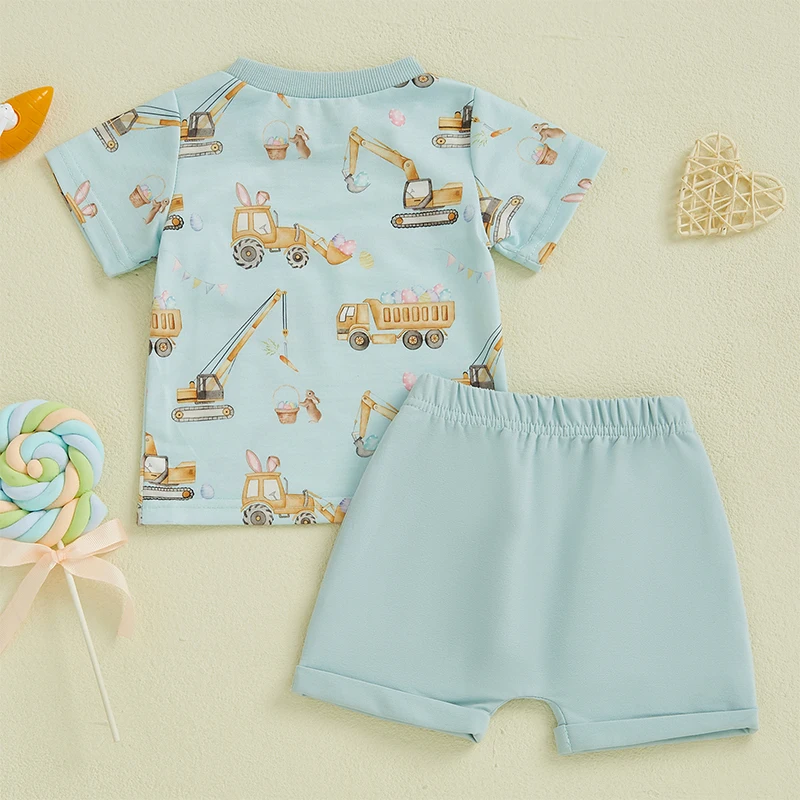 -12-20 Lioraitiin Toddler Boy Summer Outfits Excavator Print Round Neck Short Sleeve Tops with Elastic Waist Shorts Outfit
