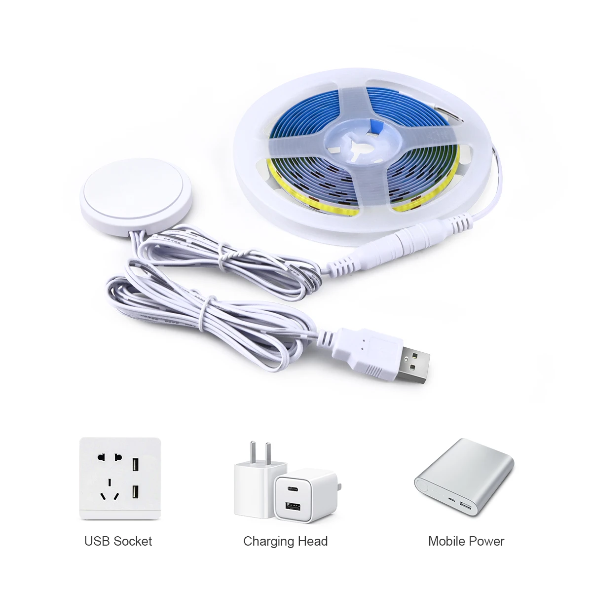 모션 센서 USB COB LED 스트립 라이트 침투 목재 인체 유도 스위치, 5V LED 라이트 리본 접착 백킹 테이프